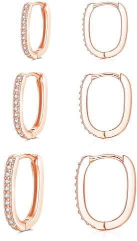 Cangall 3 Pairs 925 Sterling Silver Hoop Earrings for Women, Hypoallergenic Rose Gold Oval Huggie Earrings Set with 5A Zircon, Minimalist Dainty CZ Sleeper Cartilage U Hoop Geometric Ear Hoops Stack
