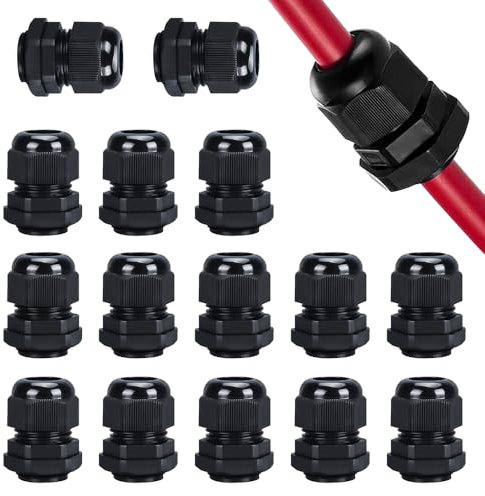 15-Pack M20 IP68 Waterproof Cable Glands, 20mm Black Nylon Connectors for 6-12mm Cables (Includes Locknut & Washer)