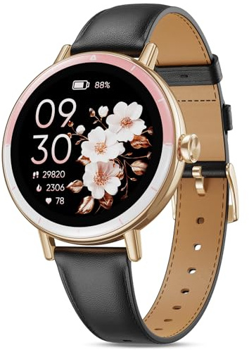 TIFOZEN Smartwatch Damen, 1,27 HD Screen Rund Klein Armbanduhr mit Telefonfunktion/Menstruationszyklus/SpO2/Pulsuhr/Schlafmonitor/Schrittzähler/IP68/100+ Sport Fitnessuhr für Android iOS, Gold Schwarz