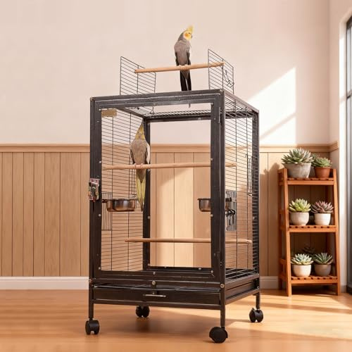 xixi-home Großer Vogelkäfig Tigerleder Papagei Vogelkäfig 46 * 46 * 77cm abnehmbare Palette mit Standbar und Nahrungsmittelbox, mit Rädern abnehmbar,Schwarz-C