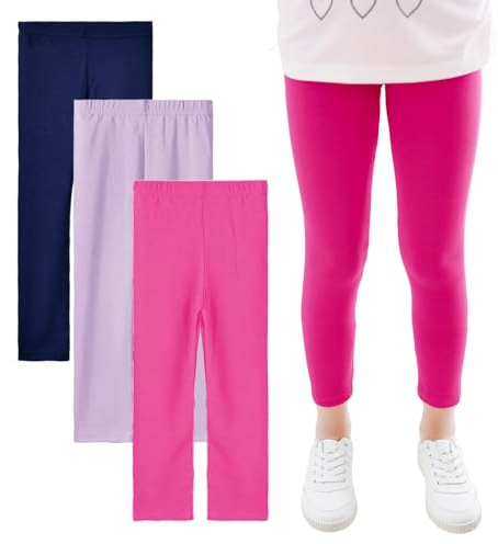 JinBei Fille Leggings Extensible Respirants Doux Modal Pantalon Long, Lot de 3, Gymnastique Danse Cycliste École Sport Legging Pants Enfants Vêtements 6-7 Ans, Violet, Rose, Bleu Marine