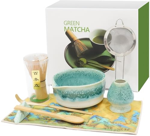 SRNPMIU Matcha Set,8 Teiliges Premium Matcha Tee Set,Matcha Kit mit Bambusbesen,Schale,Sieb & Zubehör,Matcha Besen Set ideal als Geschenk Matcha für Liebhaber