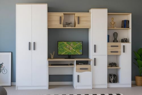 Agritrade AK Mathias 5-Piece Youth Bedroom Furniture Set, Wardrobe, Desk, Tall Bookcase, Low Storage & Wall Shelf W 300 cm x H197 cm Height (body: white/handle: grey)