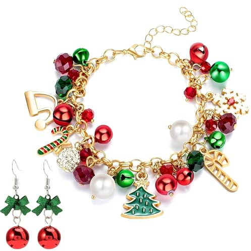 PIujsym 2 Stück Weihnachtsoutfit Set, Weihnachtsarmband und Weihnachten Ohrringe, Weihnachtspullover Damen, Bunte Armbänder für Frau, Geschenke für Frauen, Weihnachtsschmuck für Frau und Mädchen