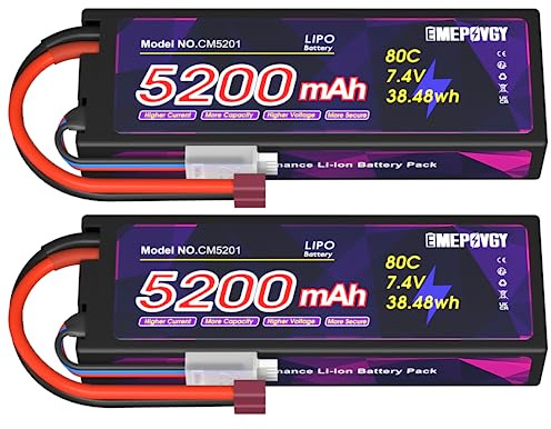 EMEPOVGY Batteria Lipo da 7,4 V 2S 5200 mAh 80C Lipos custodia rigida con connettore a T per auto RC camion 1/8 1/10 RC veicoli (2 confezioni)