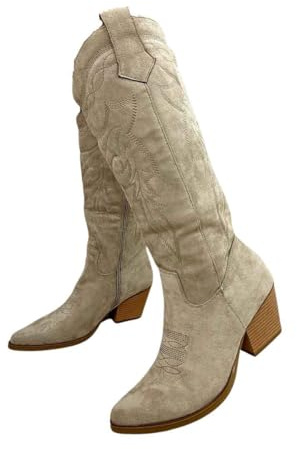 iKrush Women's Faux Leather Beige Block Heel Western Mid-Calf Boots with Pointed Toe