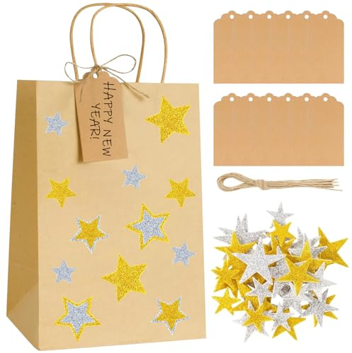 Papiertüten Braun, 12 Stück Weihnachts Geschenktüten & Sterne Sticker | Papiertüten mit Henkel Geschenktüten aus Kraftpapier Klein DIY Tüten zum Befüllen Geschenkverpackung für Silvesterparty