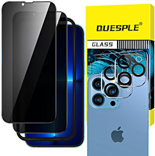 QUESPLE [2+2 Stück Panzerglas Sichtschutz für iPhone 13 Pro Max 6,7 Zoll, 2 Stück Anti-Spähen Screen Privatsphäre Schutzfolie und Kameraschutz, 9H Härte Gehärtetem Glas Displayschutzfolie