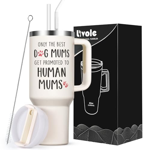 Livole Mum to Be Gifts for New Mum, Mummy, Pregnant Women Mothers Day Presents, Only The Best Dog mums get Promoted to Human mums, 40oz 1182ml Coffee Travel Mug with Handle, Big Wine Tumbler