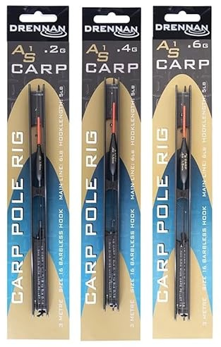 Drennan AS1 Carp Pole Rigs, Professional Hand-Tied Fishing Rigs, 3m Length, 0.2g/0.4g/0.6g, with Size 16 Barbless Wide Gape Hooks