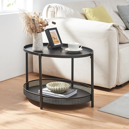 [en.casa] Couchtisch Jäller Wohnzimmertisch mit unterer Ablage oval Beistelltisch 66 x 51 x 44 cm Sofatisch Rattan-Optik Metall Schwarz