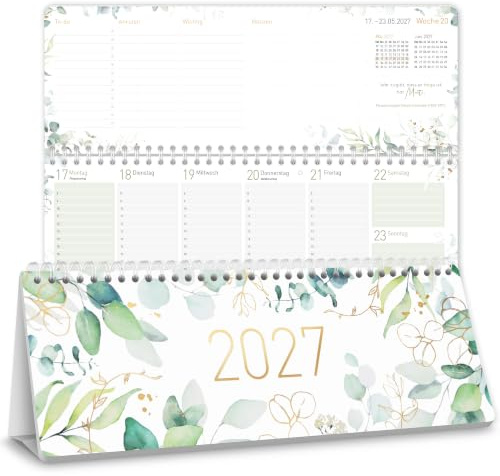 Häfft® Wochen-Tischkalender 2027 quer zum Aufstellen - für DE & AT | 1 Woche 2 Seiten, Wochenplaner Schreibtisch-Kalender Wochenkalender mit Sprüchen & Planungs-Hilfen Blattgold