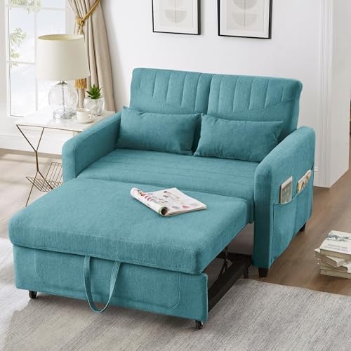 Merax Schlafsofa 2-Sitzer Sofa mit Schlaffunktion - Kleines Sofabett | 166x114 cm - Klappsofa 3-in-1 Schlafcouch Ausziehbar mit Verstellbarer Rückenlehne, Baumwoll-Leinen-Stoff, Antikes Blaugrün