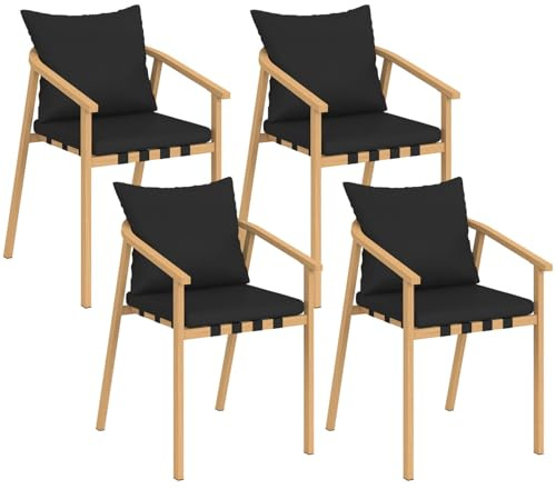 IDMarket - Set aus 4 Gartenstühlen Malta Metallgestell in Holzoptik, Schwarze Riemen und Kissen