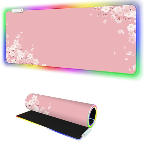 Japanese Sakura RGB Mouse Pad for Gaming I Large Mousepad with 14 Led Modes I Keyboard Pad Gaming Desk Mat I Non-Slip Rubber Base Mouse Mat I 900x400x4mm Waterproof Mousepad I Pink Cherry Blossom