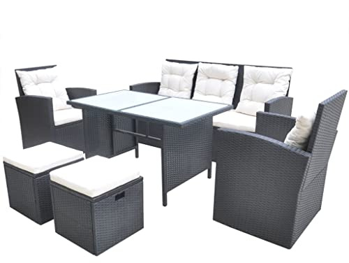 PUGYNBK 6-TLG. Poly Rattan Garten-Essgruppe Schwarz mit Kissen, 1 Tisch mit Glasplatte, 1 Dreisitzer-Sofa, 2 Sessel, 2 Hocker, 7 Sitzkissen und 5 Rückenkissen