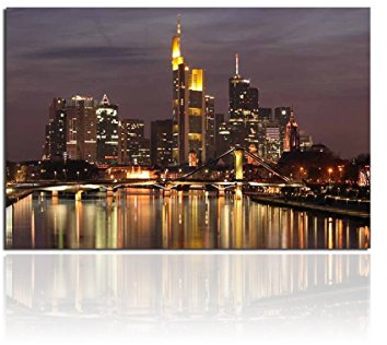 Leinwandbild Frankfurt Skyline bei Nacht 80x120cm. Wandbild auf Keilrahmen. Geschenkidee Modern. Qualität aus Deutschland.