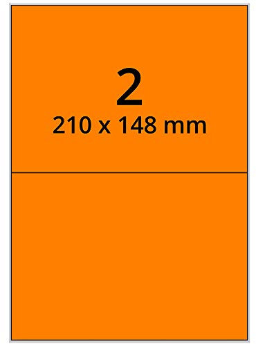 Farbige Etiketten auf A4 Bogen, neonorange - 210 x 148 mm - 200 Papier Aufkleber auf 100 Blatt, selbstklebende Laser-Etiketten fluorisierend leuchtfarbig