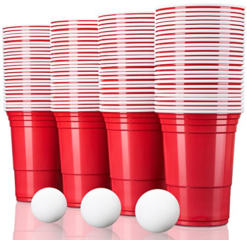 TRESKO 100 Beer Pong Becher + 6 Bälle wiederverwendbar | Partybecher 473ml - 16oz | Bierpong, Red Cups extra stark | Plastikbecher Rot