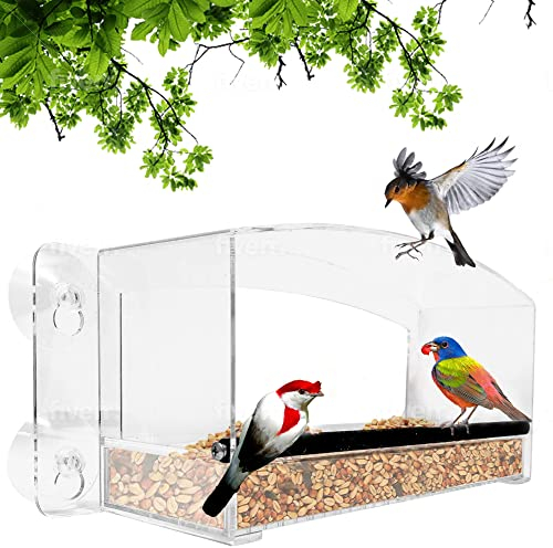 Nature Gear Crystal View Window Bird Feeder - Dome Roof & Steel Perch - Weatherproof Rain or Shine Design - Refillable Sliding Tray for Finches, Cardinals, Chickadee's, Robins, Bluebirds and More!