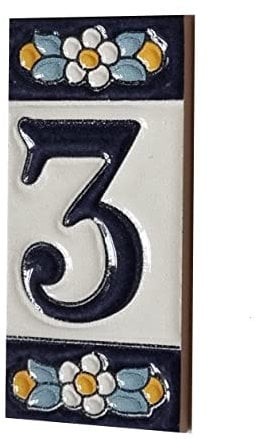 Hausnummern und Buchstaben aus Keramik, blaues Blumenmuster, Größe: 7,5 cm x 3,5 cm (Nummer 3)