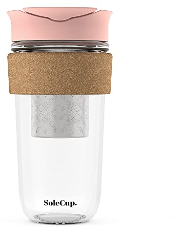 SoleCup. Large Travel Mug Loose Tea Infuser - Detachable Tea Strainer with Spill Proof Lid - 18oz/530ml BPA-Free Reusable Glass Travel Coffee Cup with Cork Band (Pink)