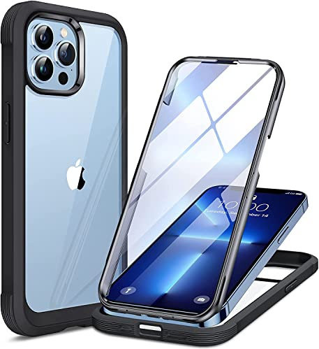 Miracase Compatible with iPhone 13 Pro Case 6.1-inch, [Built-in Glass Screen Protector] Full Body Rubber Bumper Clear Back Case Cover (Black)