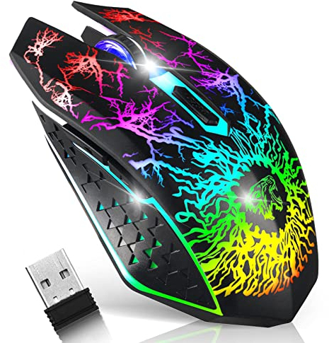 VEGCOO Souris de Jeu sans Fil, Souris de Jeu Rechargeable, Souris Optique silencieuse avec récepteur USB 2,4 G, 3 Niveaux DPI, 7 Boutons, lumières LED 7 Couleurs pour PC/Mac Gamer