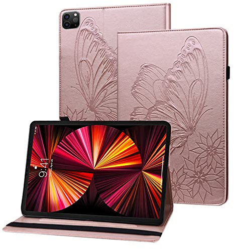Rostsant Funda iPad Air 2021 10.9, iPad Pro 11 Pulgada 2018/2020/2021 Carcasa de Cuero PU Relieve de Mariposa con Funda para iPad Air 2021 10.9, iPad Pro 11 Pulgada 2018/2020/2021 - Oro Rosado