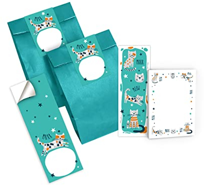 6 Lesezeichen + 6 Mini-Notizblöcke + 6 Geschenktüten (Petrol) + 6 Aufkleber Katze Katzen Mitgebsel Gastgeschenk beim Kindergeburtstag Mädchen Jungen