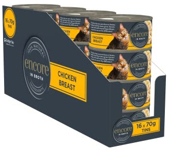 Encore 100% natürliches Premium-Hühnchenbrust Nassfutter für erwachsene Katzen in Brühe - Packung mit 16 x 70g Dosen