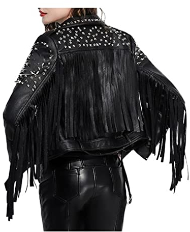 YXYECEIPENO Schwarze Street-PU-Lederjacke Kurze Bikerjacke Aus Leder Mit Nieten Und Fransen Atmungsaktives Futter, Geeignet for Frühling Und Herbst(X-Large)