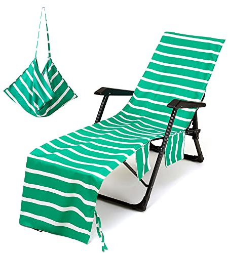 Morbuy Beach Chair Cover Towel, Solid color Striped Beach Towel Lounger Bags with Pockets Sunbed Towels Fitted Microfiber Sun Lounger Towels for Summer Outdoor Pool Vacation Travel (dark green)