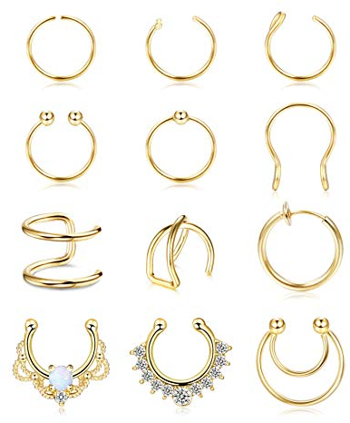 Kakonia 12 Stück 20G Fake Nasenpiercing für Frauen Männer Edelstahl Fake Nose Ring Septum Non Pierced Nasen Septum Ring Knorpel Manschette Nicht Piercing Ohrringe