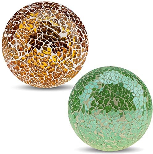 Yatinkim 2pcs Mosaic Glass Balls Decorative Orbs 8.5cm Centerpiece Decor Sphere Bowls Vases Dining Table House Living Room Tray Gold Green