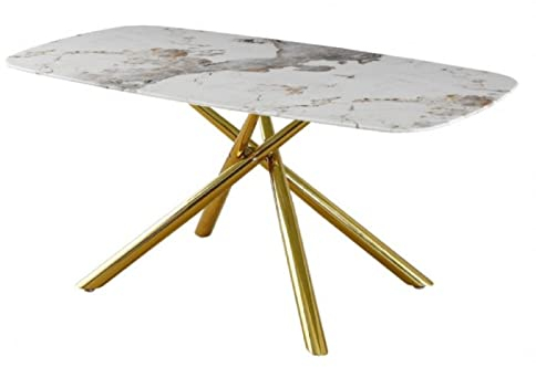 WORKOME HAPPY WORK * HAPPY HOME Mesa de Comedor, Cocina, Oficina con Base metálica Tubular, Tapa de Cristal Templado, 160 x 90 cms (Gold)