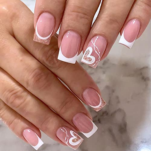24pcs French Tip False Nails Short Stick on Nails Heart Design White Edge Glitter Pink Press on Nail Removable Glue on Fake Nail Art Accessories for Women