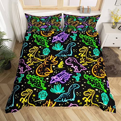 Bunte Neon Licht Dinosaurier Bettbezug Set S Größe Nette leuchtende Tiere Bettwäsche Set für Kinder Jungen Mädchen, Regenbogen Sterne Helle Tröster Abdeckung Schwarz Quilt Cover, 1 Kissenbezug