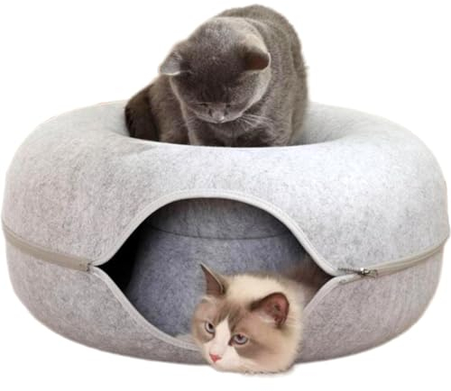 TRAUTESHEIM Katzen-Donut aus kratzfestem Filzmaterial - 50cm Durchmesser 20cm hoch- rund - teilbar - Katzentunnel Katzenbett Katzennest in hell-grau