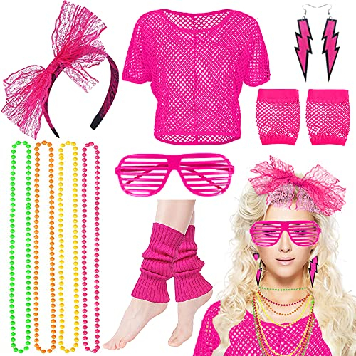 MEISHANG 80er Jahre Outfit Damen,Netzoberteil Damen 80er,Netzshirt Damen 80er,Neon Oberteile Damen Set,Kostüm 80er Jahre Damen Nena,Neon Netz Shirt Damen,Netzhandschuhe,Netz Shirt Damen Neon 80er