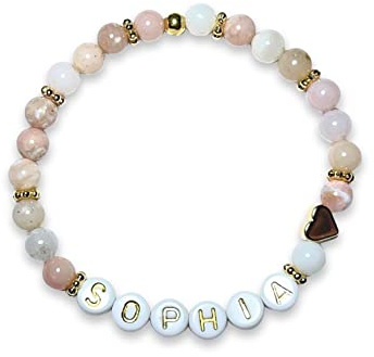 Majas Perlen Armband mit Namen Rosa Opal Gold Perlen 6mm - Herz echt vergoldet Geschenk Geburt Mama Namensarmband - Mondstein Turmalin Amethyst uvm. - Handmade Personalisierbar