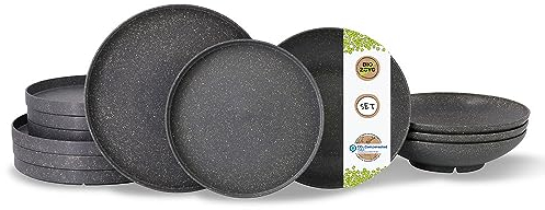 BIOZOYG | Vaisselle réutilisable durable | Set de 12 pièces d'assiettes plates, d'assiettes creuses | Vaisselle écologique | Vaisselle de camping | Vaisselle de fête | Vaisselle de piquenique