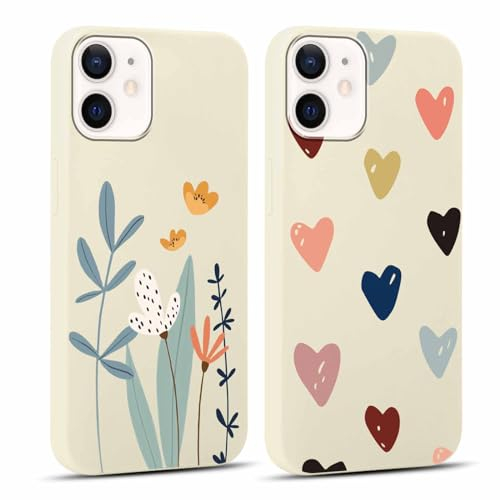Yoedge 2 Stück Handyhülle für iPhone 12 / iPhone 12 Pro Hülle, Liebesherz & Blumen Muster Design Mädchen Aesthetic Handyhülle Weich Schlanke Silikon Flexibel Stoßfest Schutzhülle für iPhone 12 6,1