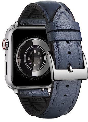 BINLUN Cinturino in Pelle Silicone Compatibile con Apple Watch 42mm 44mm 45mm 46mm 49mm Microperforazioni Pelle e Gomma Ibridi Cinturini Adatto per iWatch Uomo Donna(Fibbia Argento,Blu Scuro)