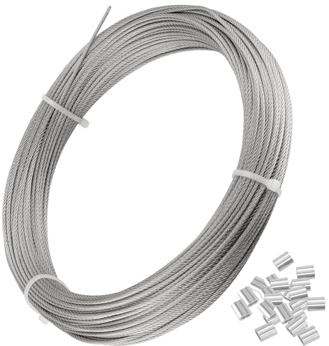 CHEUKYIU 1 fune metallica da 2 mm, 50 m, cavo da aereo con 50 pezzi, cavo in acciaio inox 316, 7 x 7 trefoli, per esterni, giardino, lavori di bricolage, tende