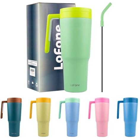 LoFone 1180 ML - 40 OZ Thermobecher aus Edelstahl,Kaffeebecher to Go, Trinkbecher mit Strohhalm, Henkel und Deckel, für Auto Büro heißen und kalten Kaffee Wasser und Tee(Grüner)