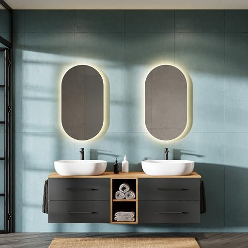 Planetmöbel LUX - Set di mobili da bagno con mobiletto da 170 cm, 2 lavabi da 60 cm, 2 specchi da 50 cm (senza LED), mobiletto lavandino, colore: oro quercia/antracite