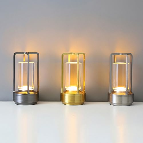 Linterna De Cristal, Lámpara De Linterna De Cristal Lumisom, Lámpara De Mesa Inalámbrica, Toque De Atenuación Continua De 3 Colores, Lámpara De Escritorio LED Portátil Recargable (Oro)
