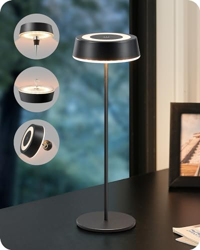 EDISHINE Rechargeable Table Lamp, LED Touch Bedside Lamp, Dimmable, 2 Color Modes, Dimmable Small Lamp for Living Room, Bedroom, Patio, Camping, 3600mAh, Black, Magnetic Accessories