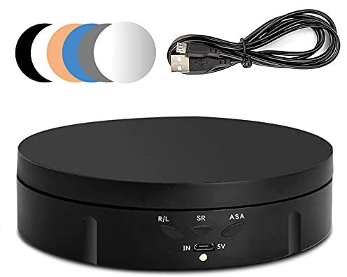 QENETY Electric Rotating Turntable, 90/180/360 Degree Adjustable Electric Rotating Turntable Display Stand for Display Jewelry, Watch, Digital Product 3D Models with 6 Backgrounds (Black)